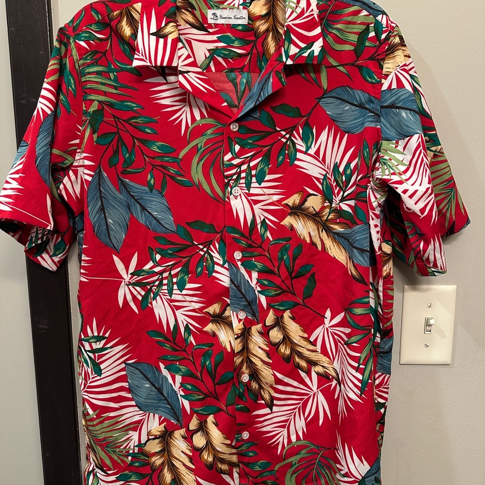 Red and Green Casual Button Down Shirt with Tropical Print